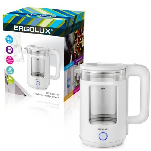 Чайник ERGOLUX ELX-KG08-C01 белый (стекло/пластик, 1,8л, 220-240В, 1800Вт)